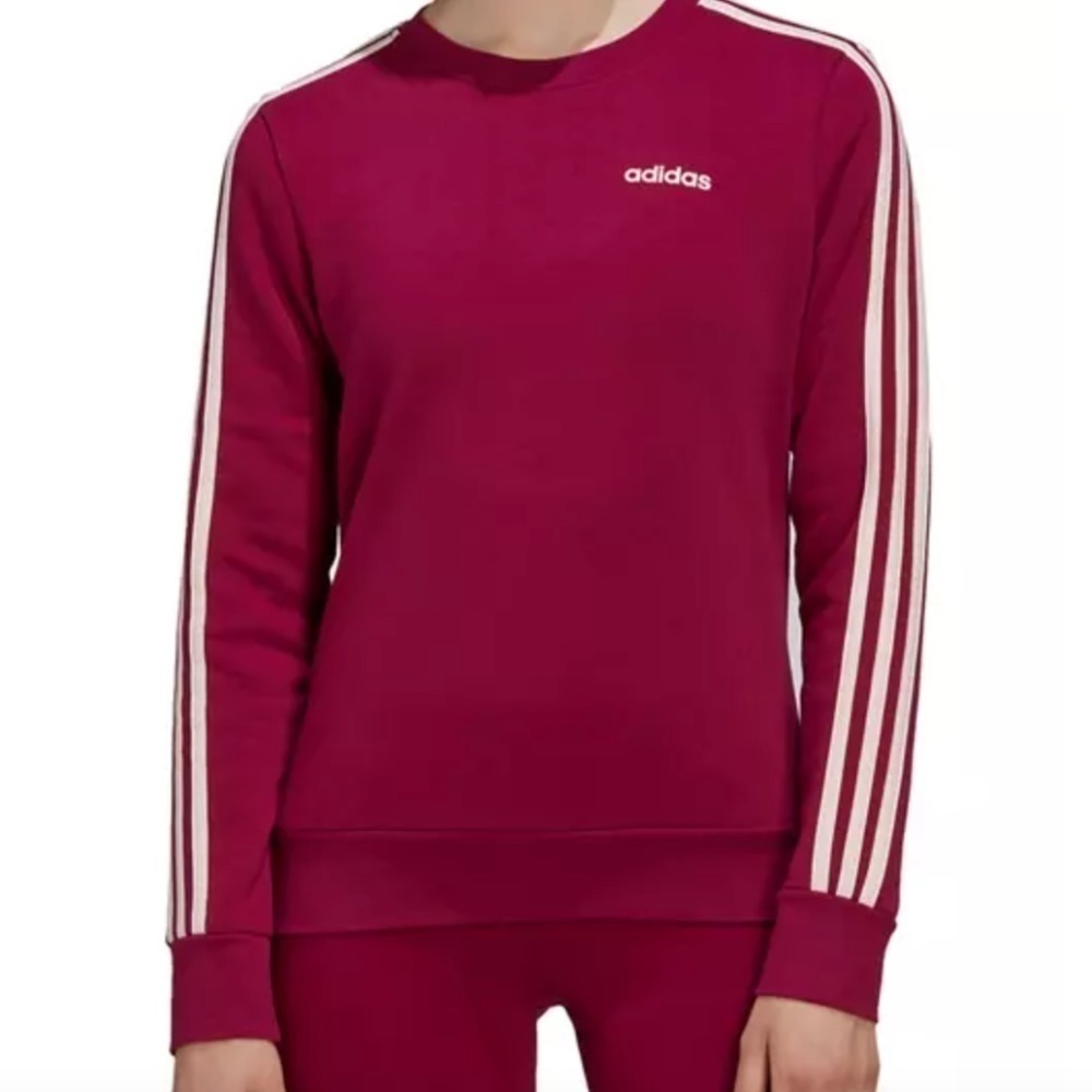 Adidas Pink Essentials 3 Stripes Pullover Sweatshirt Mulberry Magenta Size Small
